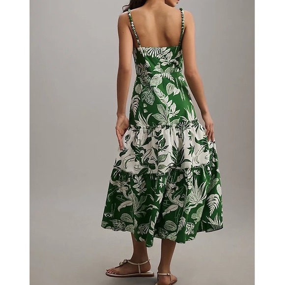 Farm Rio Forest Soul Mix Green White Tropical Leaf Print Tiered Mid Dress Large - Picture 3 of 11